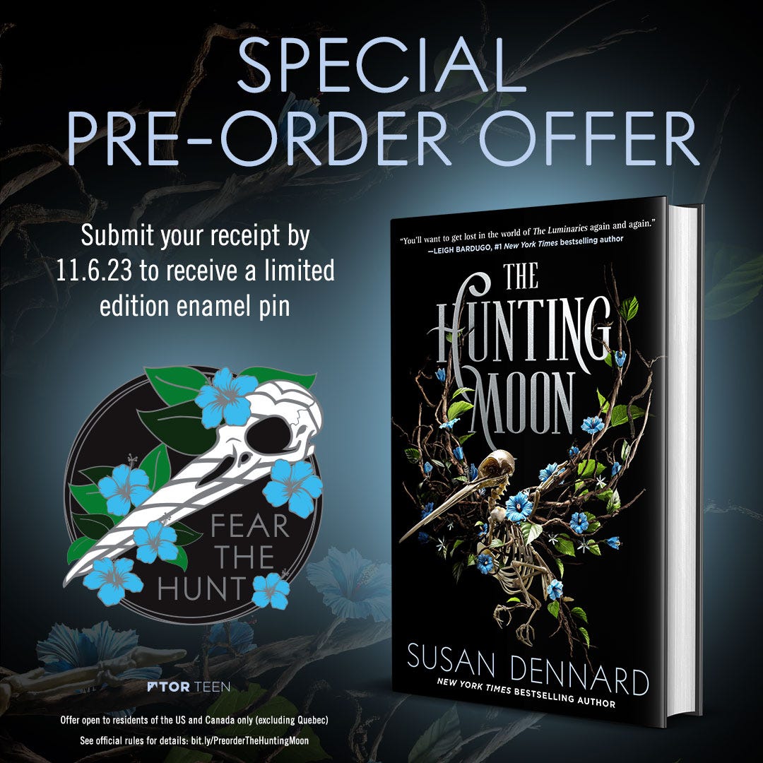 Graphic showing a copy of The Hunting Moon + the design on the pre-order enamel pin, which is a hummingbird skull with the words "Fear the Hunt"