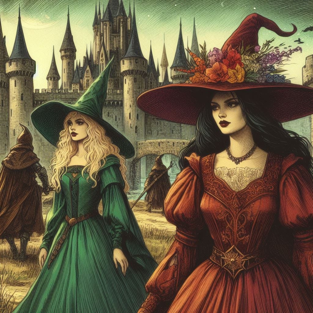 (23-year old medieval blond witch, green dress, no hat), (28-year old medieval black-hair witch, crimson dress, short and wide floral hat), castle grounds backdrop, dungeons and dragons fantasy drawing