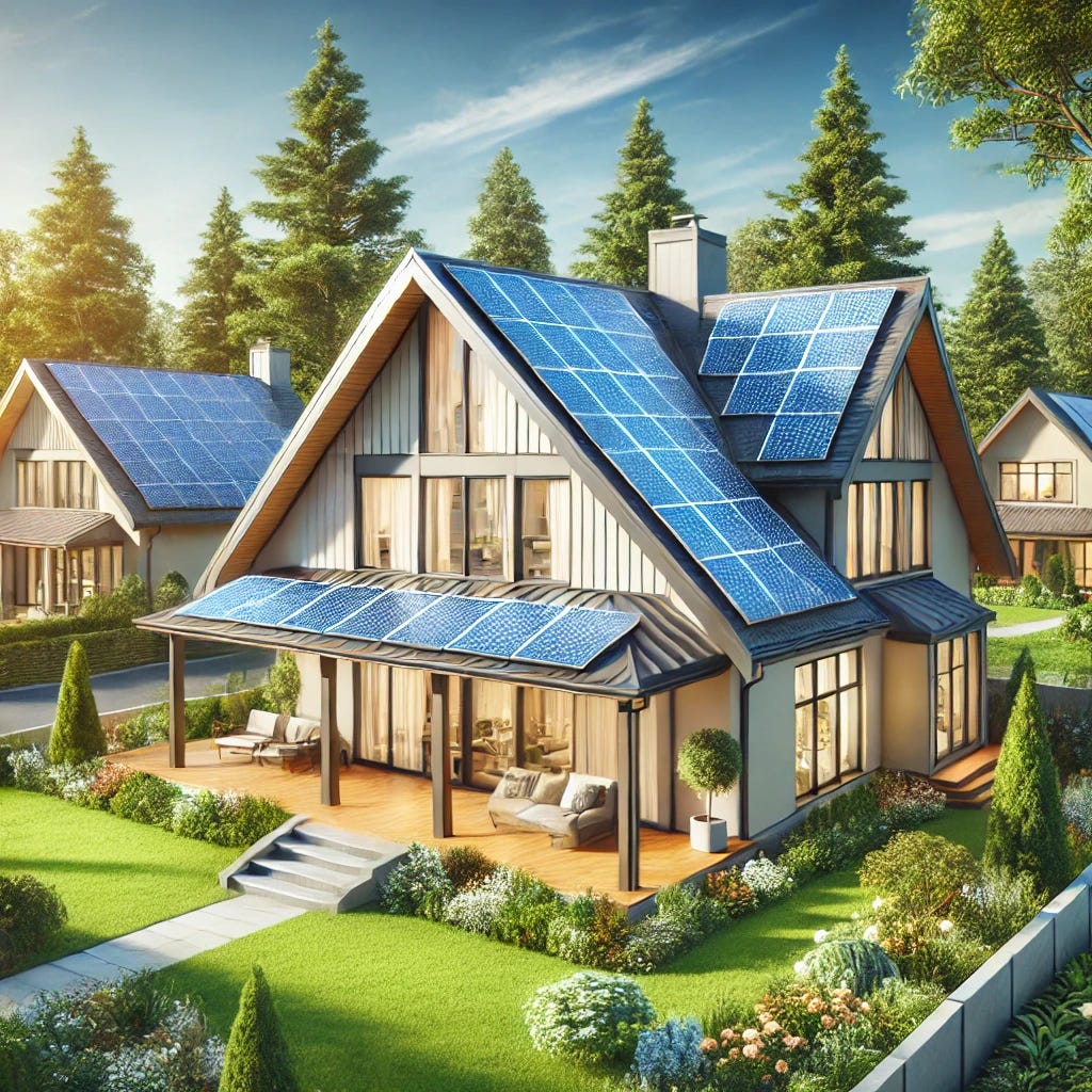 A beautifully designed suburban home with solar panels installed on the roof. The house is surrounded by a lush green yard with trees and flowers. The scene is during a sunny day with a clear blue sky, highlighting the solar panels' sleek, modern design and their integration with the home's architecture. The overall atmosphere is clean, eco-friendly, and inviting.