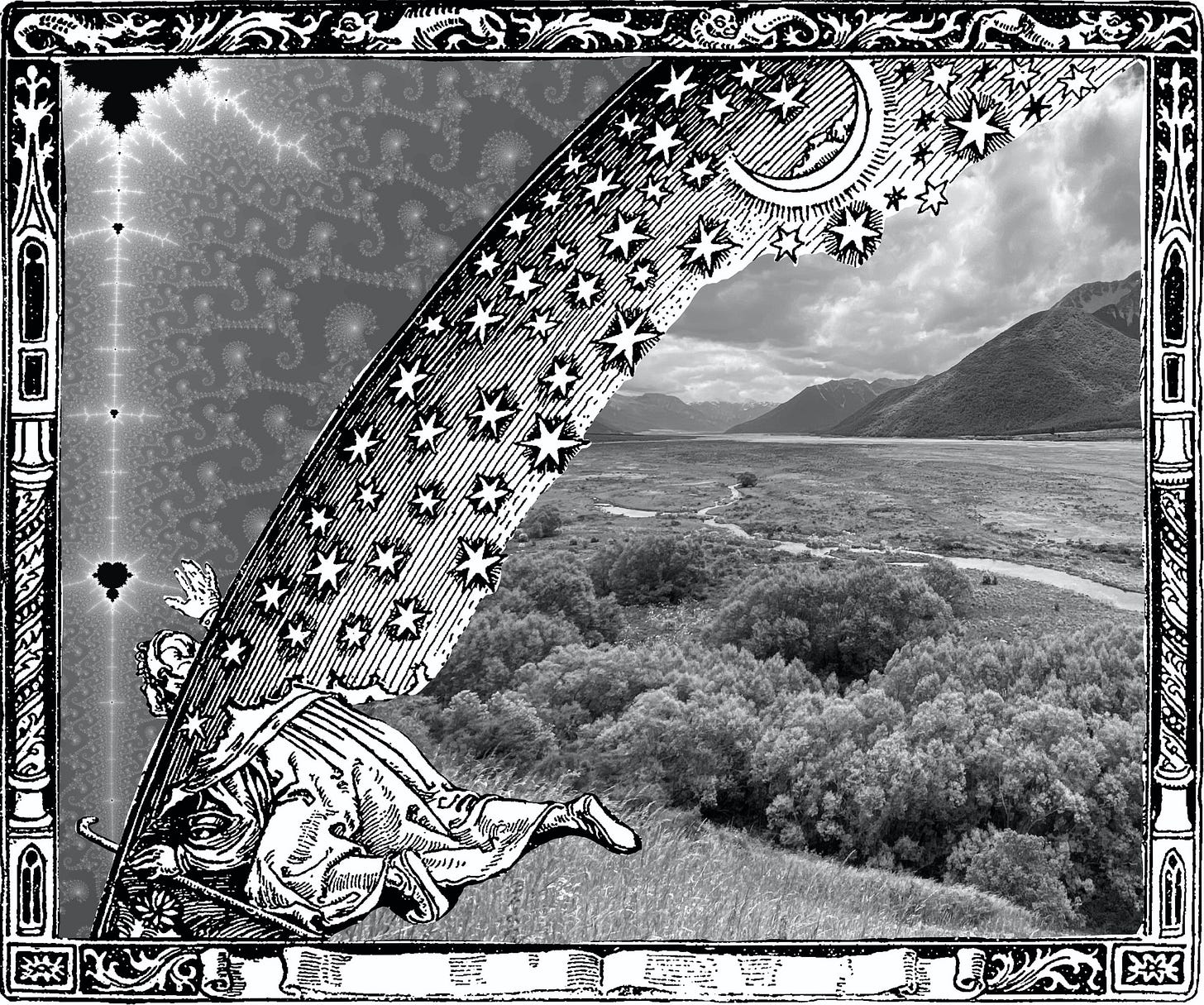 The Flammarion engraving modified with a photo of a river valley in the terrestrial setting and a portion of the Mandelbrot set beyond the curtain of the sky.