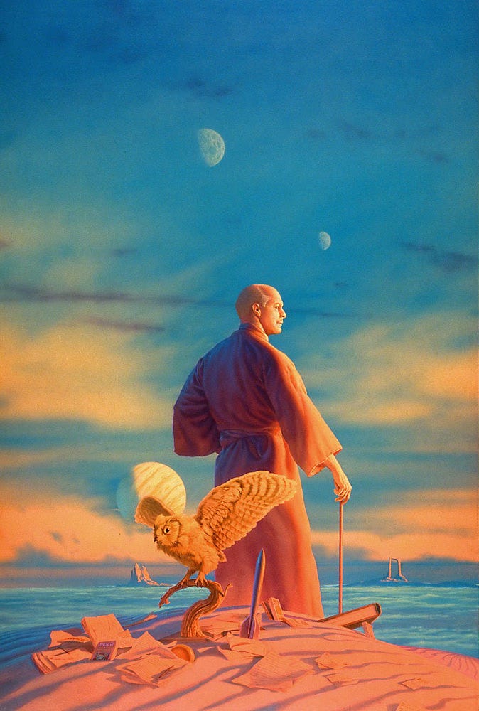 Portrait of author Robert Heinlein standing boldly in profile to face the twilight of an alien world. White hair recedes back on his forehead. A thin mustache traces his upper lip. He looks debonair, with the air of a mystic as shadow falls across the back of his coral robe. He holds a cane loosely in his right hand; his weight doesn't rest on it. Baked by strange light, papers and a half buried book lie discarded on the rippling sand behind him. A shiny silver rocket, suggesting a Hugo award, points skyward. Caught in a moment—either taking flight or landing, with wings unfurled—an owl curls its talons about a curl of branch set on a plaque. Just beyond the shore where Heinlein stands, pearlescent blue water undulates and churns. A pair of islands, flanking him on either side, sit the horizon. A striped moon hangs over a mountainous peak on one isle; a square arch sits on a longer stretch of land to his right. Higher up, two gibbous craggy moons hang overhead.