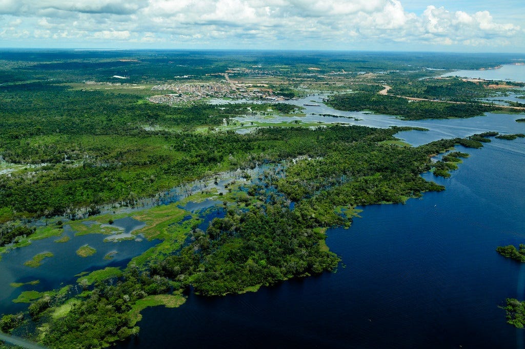 Aerial view of the Amazon Rainforest, near Manaus the capital of the Brazilian state of Amazonas. Brazil. In the foreground is a deep blue river with lush green islands. The rainforest stretches into the distance, interrupted by a town and roads.