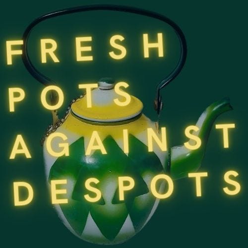 logo of fresh pots against despots including a vintage tea pot in yellow and green