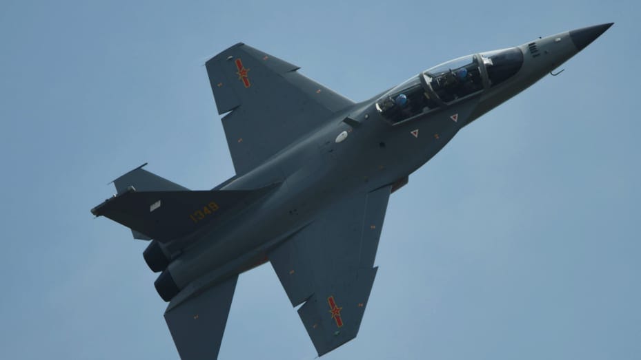 ZHUHAI, CHINA - NOVEMBER 10, 2022 - The Air Force's trainer 10 (export model L15) performs a flight demonstration at the Zhuhai Air Show in Zhuhai, south China's Guangdong Province, Nov. 10, 2022. According to the official account of "Aviation Industry" on February 21, 2023, China and the United Arab Emirates have signed a contract to export L15 Falcon trainer aircraft to the UAE at the 16th ABU Dhabi International Defense Exhibition, which opened on February 20, 2023. (Photo credit should read CFOTO/Future