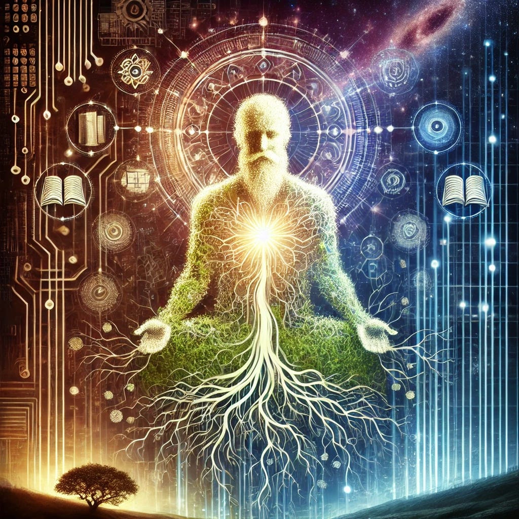 a symbolic, modern representation of 'God 2.0', blending elements of technology, nature, and human wisdom. The image features a glowing, ethereal figure composed of interconnected digital circuits, roots intertwining with cosmic patterns, and abstract books and scrolls swirling around. The figure emanates light, symbolizing knowledge and progress, while maintaining an aura of ancient wisdom. The background is a fusion of natural landscapes, starry skies, and a digital matrix, representing the harmony between tradition and modernity.