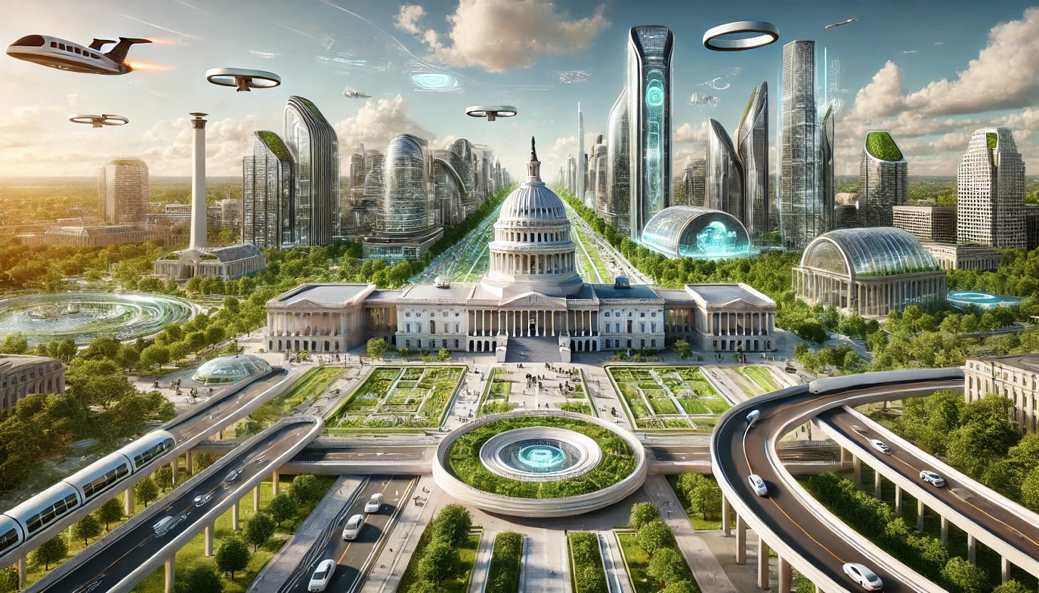 A futuristic view of the Capitol in Washington DC, showcasing an advanced cityscape. The Capitol building has sleek, modern architecture with a blend of classical elements and high-tech features like holographic displays. Surrounding it are tall, futuristic skyscrapers with green terraces and innovative designs. Advanced transportation systems such as flying cars and hyperloop tracks are visible. The sky is bright with drones and digital billboards. The scene is vibrant and filled with lush greenery, blending nature with futuristic technology seamlessly.