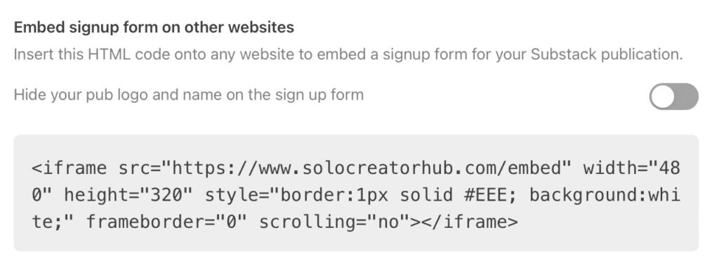 Screenshot of embed settings in Substack