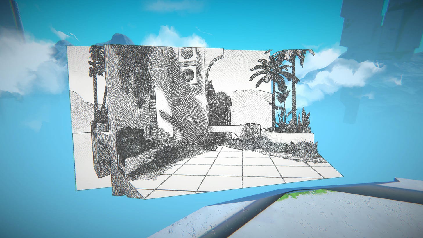 A cross-hatched 3D scene in a colour 3D world