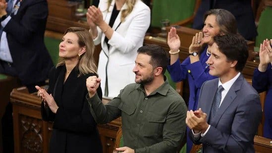 Ukrainian President Volodymyr Zelenskyy and Canada's Prime Minister Justin Trudeau recognize Yaroslav Hunka, who was in attendance in the House of Commons on Parliament Hill in Ottawa on Friday, Sept. 22, 2023.(AP)