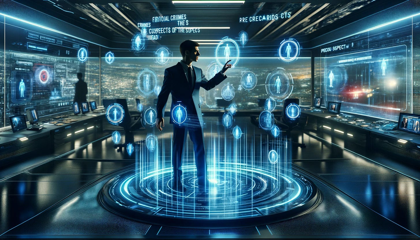 A futuristic scene in the style of the movie 'Minority Report' depicting a precog finding criminals in the future. The setting is a high-tech, sleek control room with holographic displays. The precog is standing and moving images around with his hands in real-time, surrounded by advanced technology. Holographic images of potential crimes and suspects float around, indicating the precog's visions. The atmosphere is intense and futuristic, with a focus on the advanced technology and the precog's unique abilities.