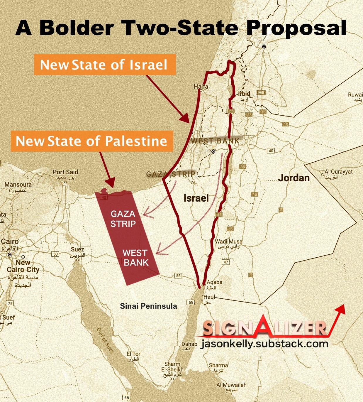 Map of a bolder two-state proposal for less violence in the Middle East