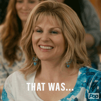A GIF from Schitt's Creek of Jocelyn shaking her head and saying "That was... different"