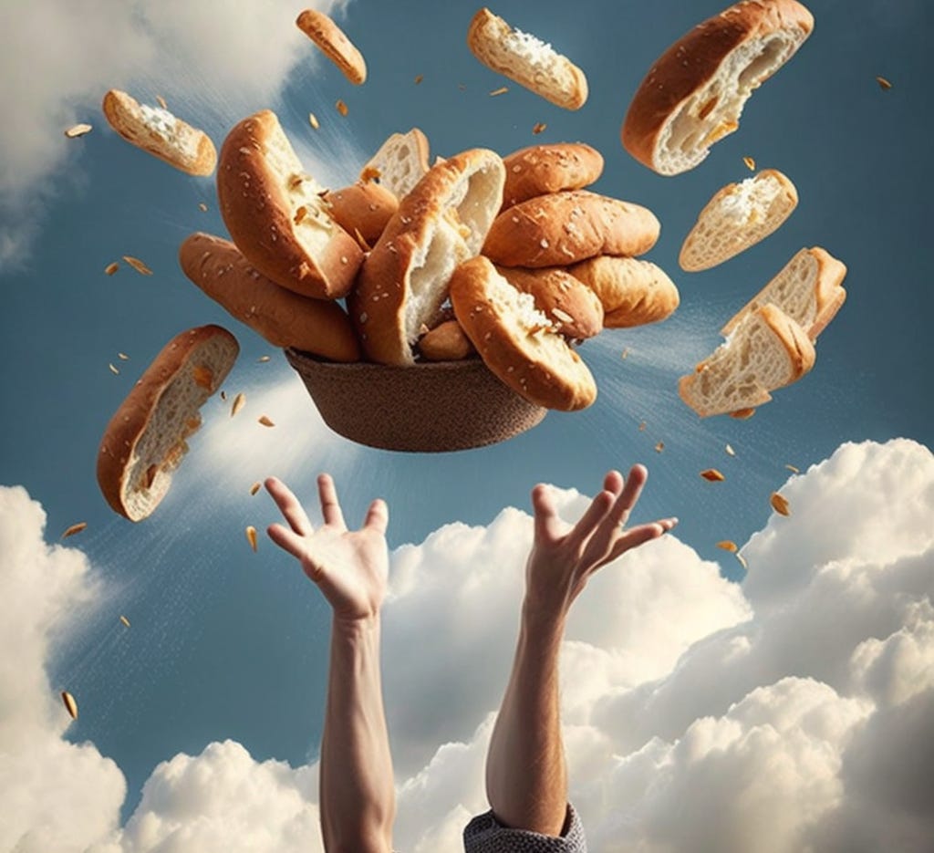 Loaves of bread fall from the sky into outstretched hands