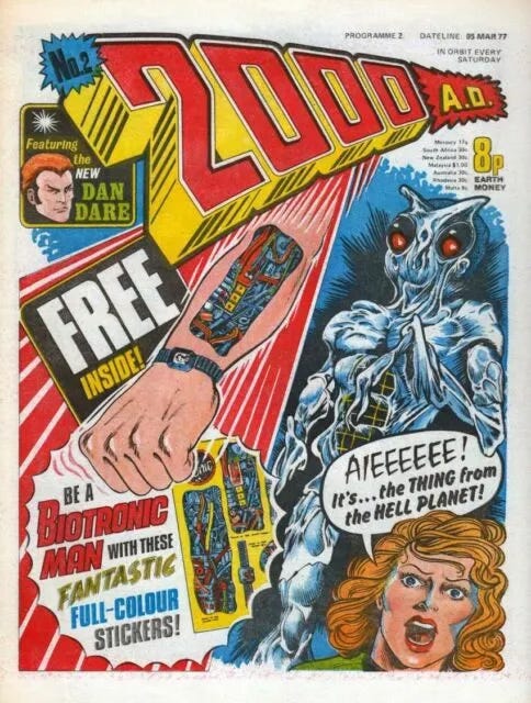 Front cover of 2000AD issue 2, promoting the Biotronic stickers