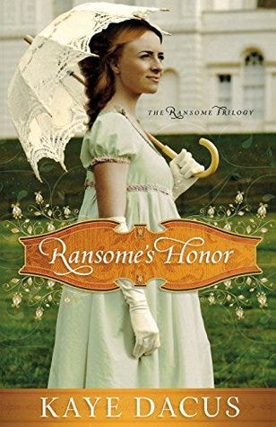 ransome's honor by kaye dacus cover, a woman in regency dress holding an open parasol over her shoulder