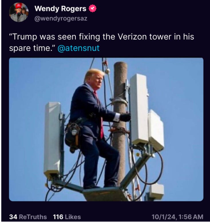 Social media post from Wendy Rogers (R) with fake photo of trump on telephone pole, captioned "Trump was seen fixing the Verizon tower in his spare time"