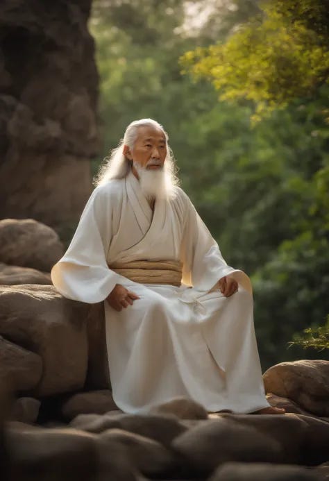 An old man with a long white beard sitting on a stone bench - SeaArt AI