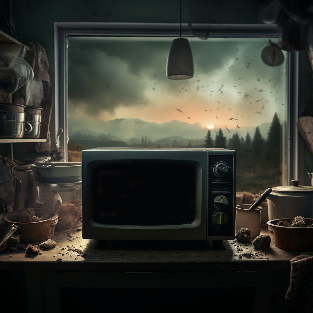 The microwave is in the kitchen, with a distracting landscape in the window in the background