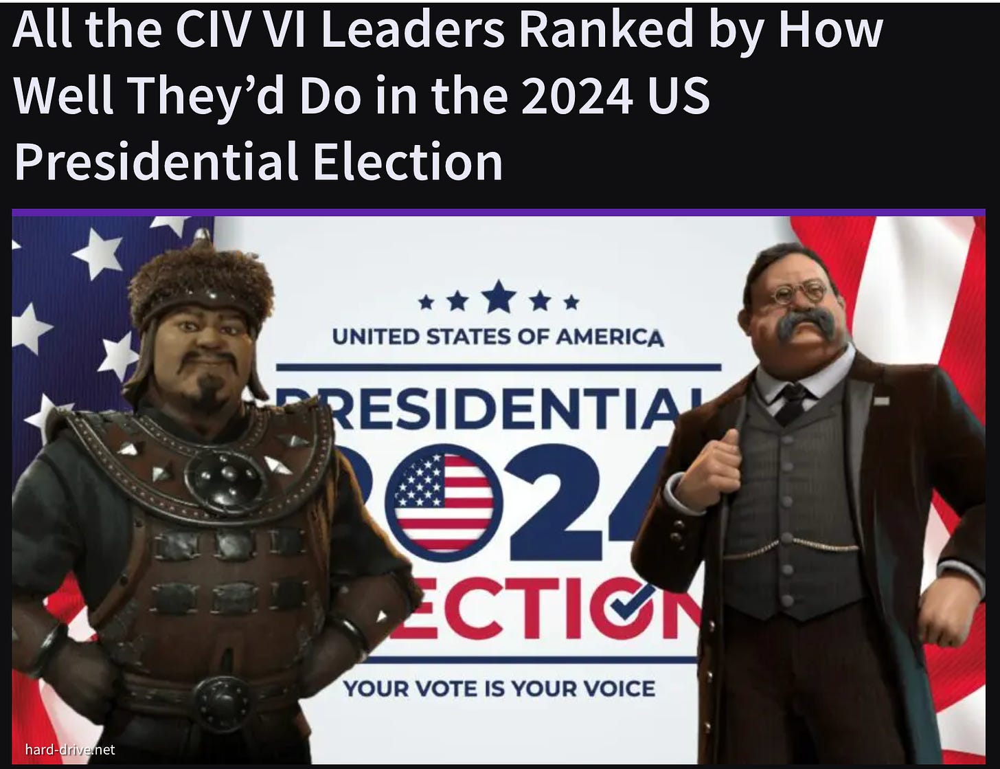 Headline and featured image from Hard Drive piece; image has Genghis Khan and Teddy Roosevelt standing in front of an American flag background with a 2024 presidential election logo in the center.