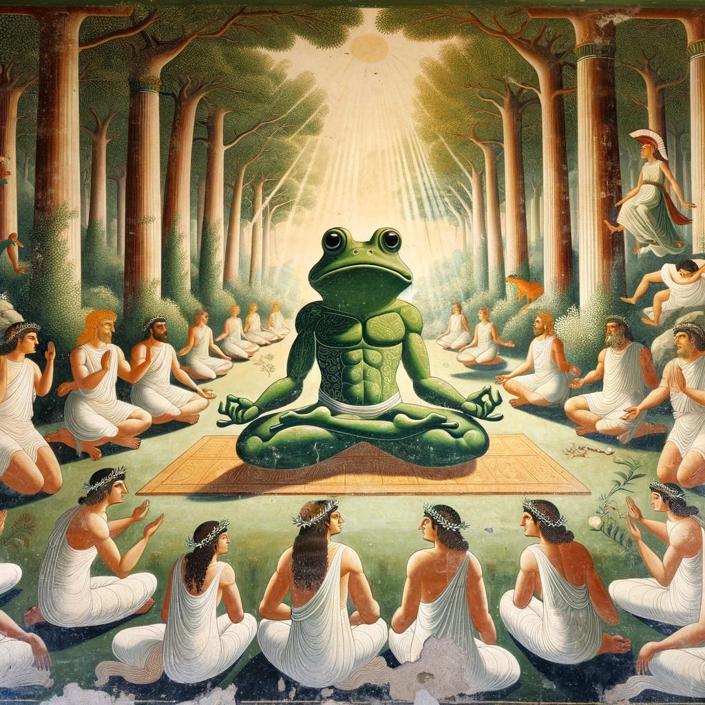 An ancient Greek fresco depicting a group of mythological creatures and humans performing yoga in a serene, sunlit forest clearing. The characters are wearing white togas, with the central figure resembling a green anthropomorphic frog seated on a mat, exuding tranquility. Around it, the other figures are in various yoga poses, with some wearing colourful sashes and one donning a laurel wreath. The setting is idyllic with trees, sunlight filtering through the foliage, and an overall atmosphere of peace in an ancient artistic style.