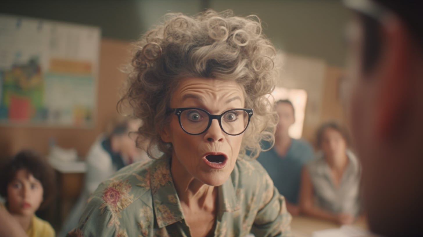 A frazzled female public school teacher with gum in her hair in a classroom of wild children but in the style of the 1950s, 8K. RAW image. High quality. High resolution image. Intricate details. Sharp details. Beautiful. Cinematic lighting. Hyper - maximalist, hyper - detailed. Clean sharp focus. Significant textile textures. Crystal clear feel. Clean sharp focus. Fashion magazine photography. High Quality. Kodak Ektachrome E100