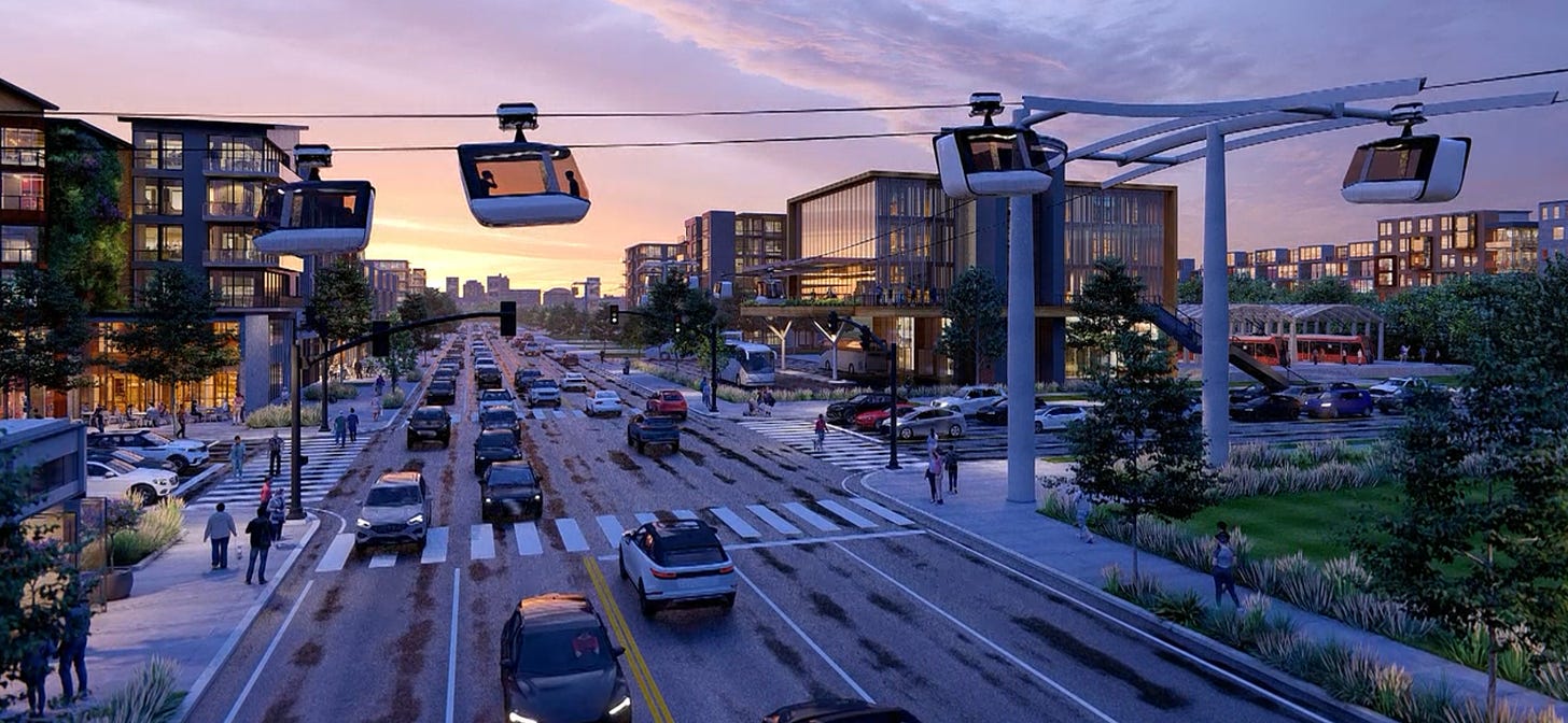 An image from the SwyftCities website that depicts an urban scene with buildings, cars, pedestrians, and a park with electric trams and gondolas overhead.
