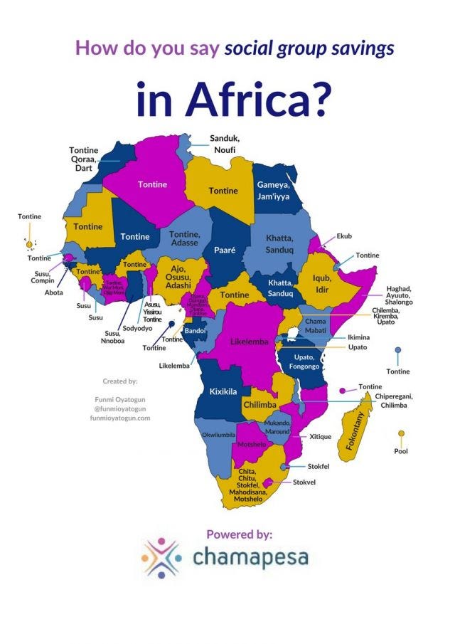 Map showing what rotating savings groups are called throughout Africa