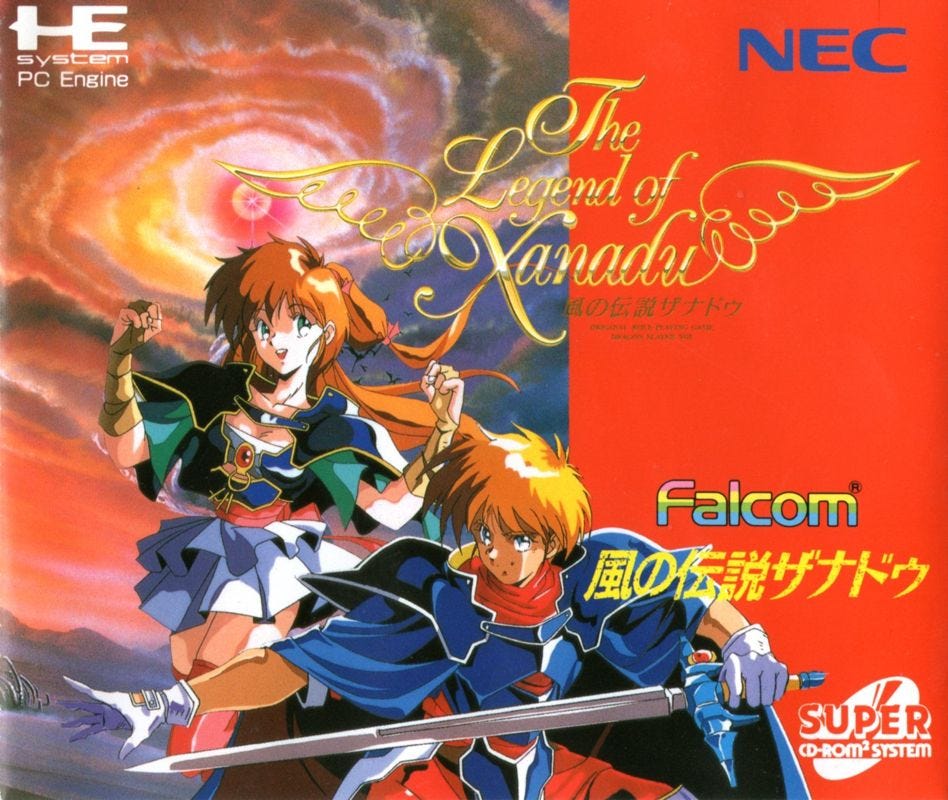 A scan of the cover for the PC Engine CD game, The Legend of Xanadu. Released in 1994, this is the final game in the Dragon Slayer series, as series originator Yoshio Kiya had left Falcom by the time its sequel was being worked on.