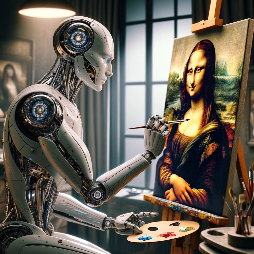 Imagine a futuristic scene where a cyborg, a perfect blend of advanced technology and human elements, is delicately painting the Mona Lisa. The cyborg's design incorporates sleek metallic parts that contrast with its human-like features, showcasing a harmonious blend of man and machine. Its focused gaze is directed towards the canvas, where the iconic image of the Mona Lisa is slowly coming to life under its precise brush strokes. The setting is an artist's studio filled with various painting tools, a palette in one of the cyborg's hands, and the soft lighting accentuating the details of both the artwork and the cyborg's intricate design. The atmosphere is one of deep concentration and artistic mastery, bridging the gap between the past and the future.