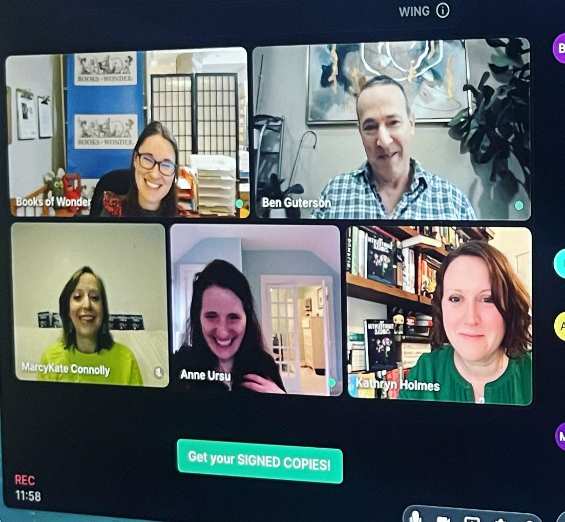 A screenshot from the virtual middle-grade books panel showing Kathryn, MarcyKate, Anne Ursu, Ben Guterson, and a Books of Wonder employee