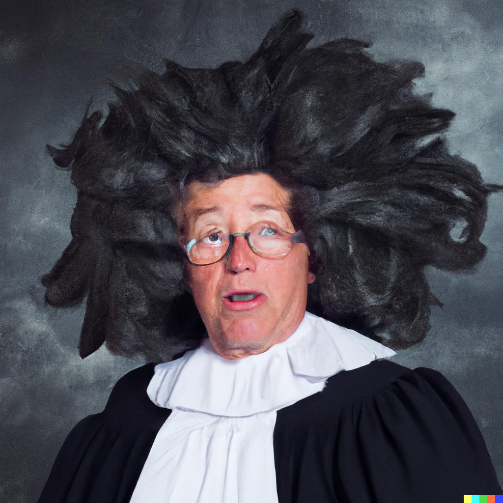 “confused judge wearing a wig in a hurricane” / DALL-E