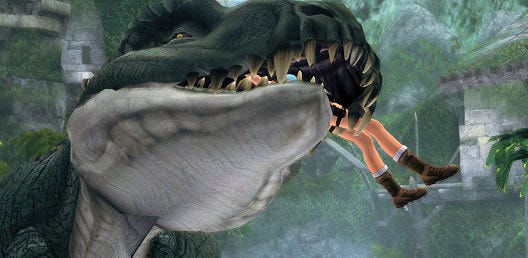 A screenshot from a failed attempt at defeating the T-Rex boss, as Lara is being eaten by it. Her legs are dangling outside of the dinosaur's closed jaws.