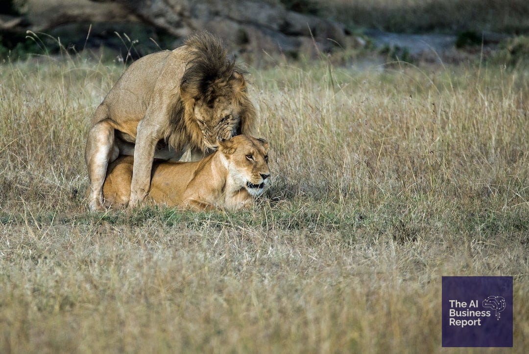 lion mating with lioness on field