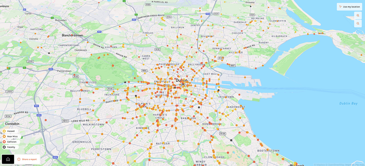 carte de Dublin avec des points marquants les accidents