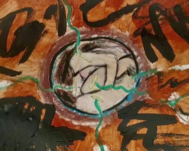 painting of woman curled up at the center of a seed, roots beginning to unfurl
