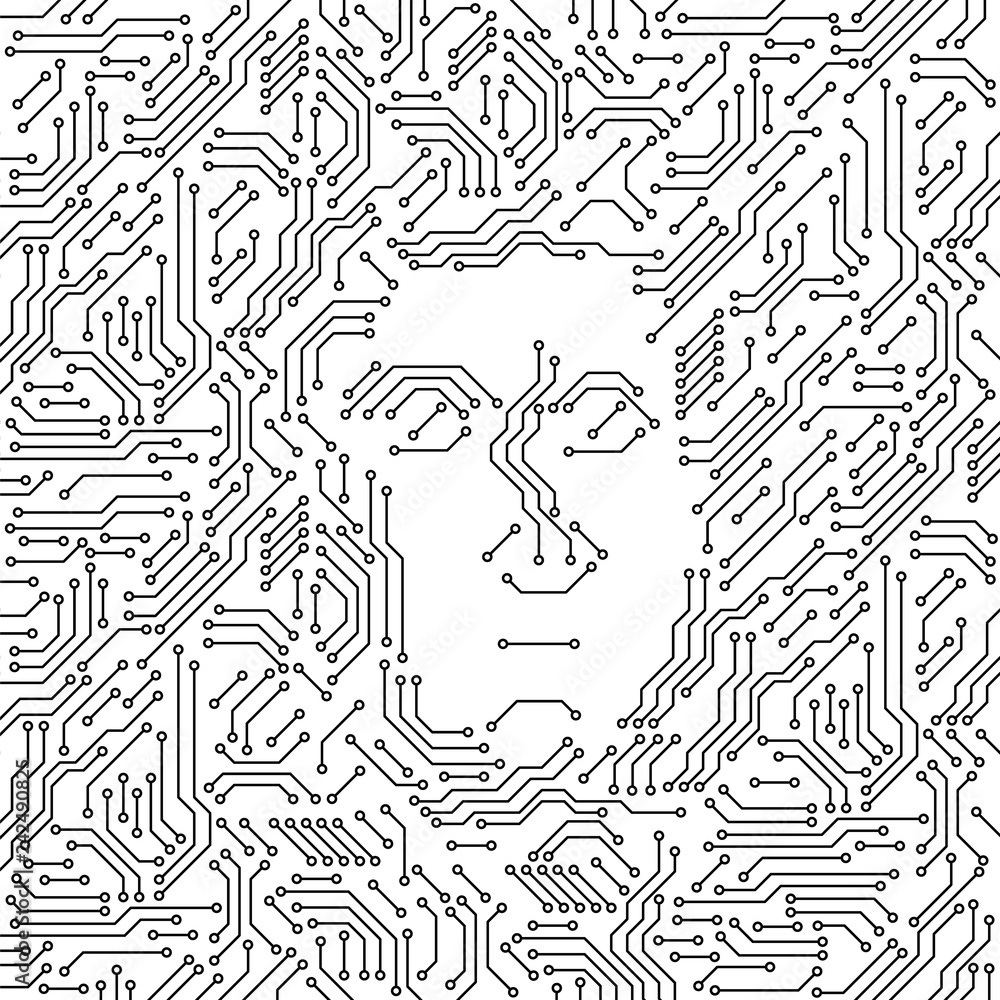 Vetor de Printed circuit board black and white computer technology with a human  face, artificial intelligence concept, vector do Stock | Adobe Stock