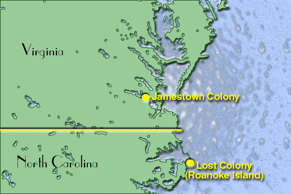 Map showing Jamestown and Roanoke Colonies