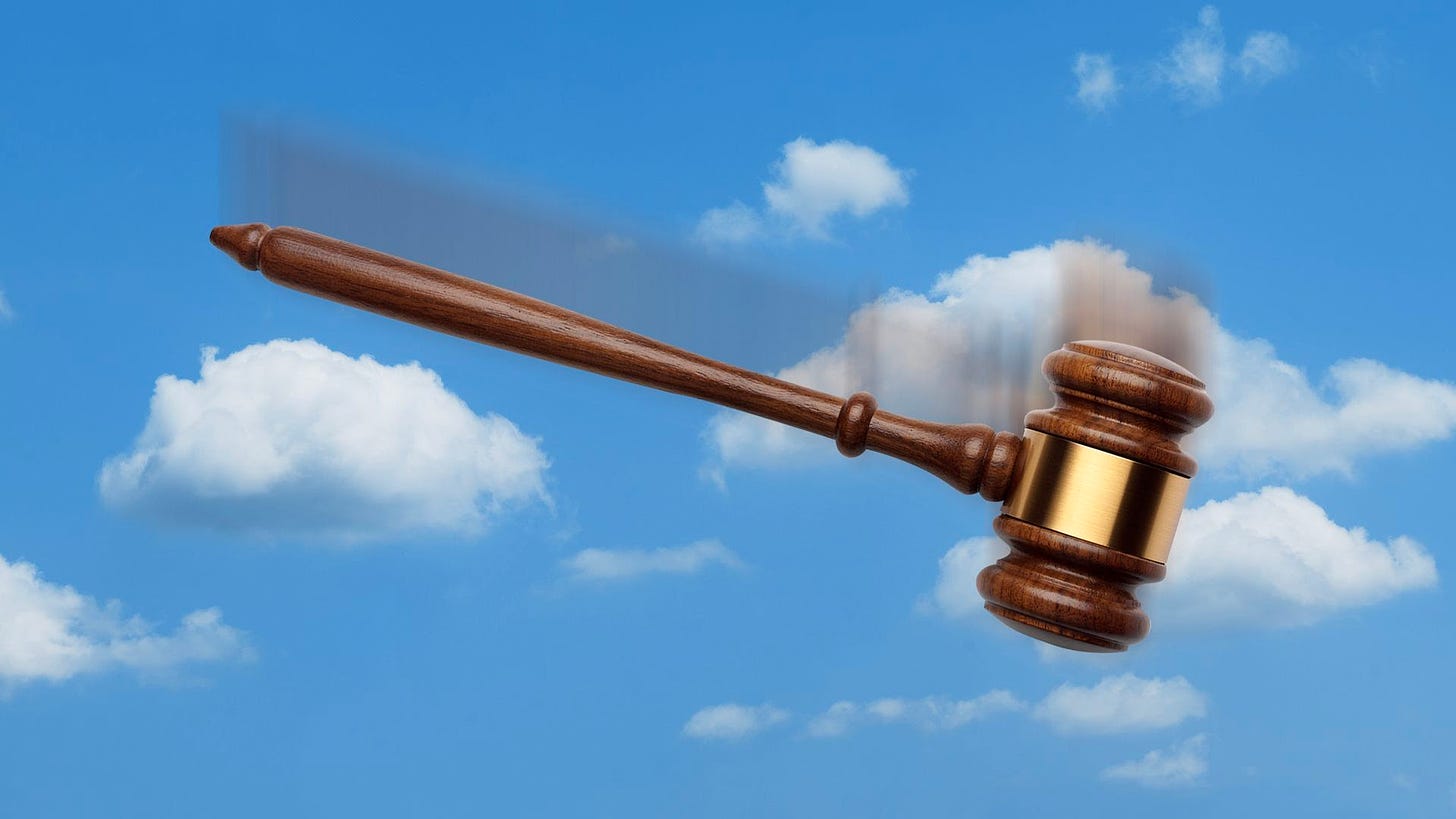 Illustration of a gavel falling through the sky