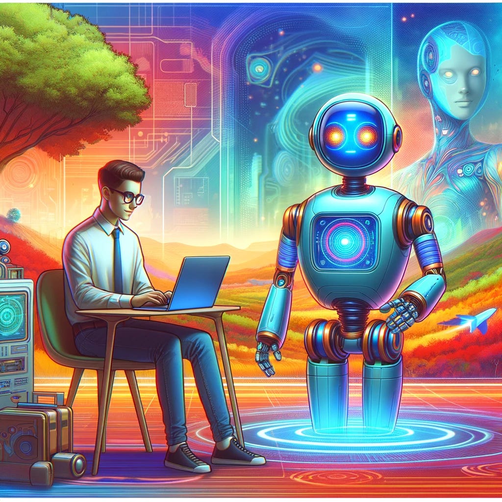 A futuristic image of a human and an autonomous agent in a cartoonish, colorful style. The human is sitting at a desk with a laptop, while the autonomous agent, resembling a friendly robot with a boxy body and expressive eyes, stands beside them. The background features a blend of nature and technology, with trees and futuristic buildings. The scene is vibrant and playful, with a lighthearted atmosphere.