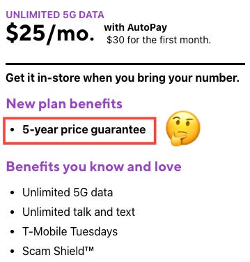 Metro by T-Mobile $25/month unlimited 5G plan with 5-year price guarantee, featured in telecom stock investing deep dive on TMUS strategy and promotions.