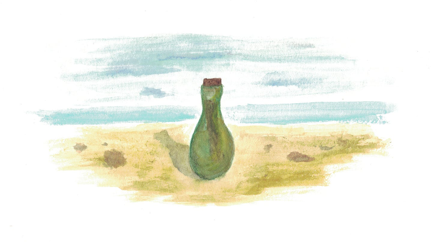 watercolor drawing of an old bottle containing a rolled up message
