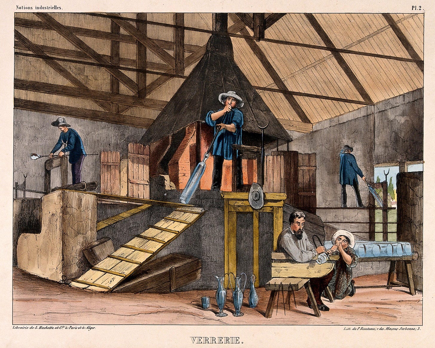 Glass: the interior of a glass factory, with people at work. Coloured  lithograph by P. Bineteau, 1848. | Wellcome Collection