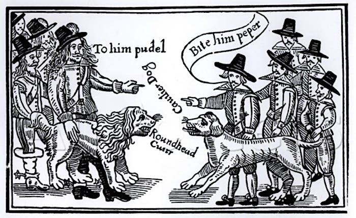 A 1643 illustration of Boy amid opposing Roundheads and Cavaliers. 