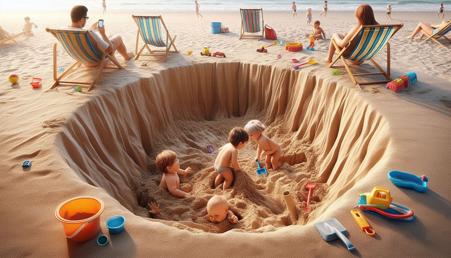 Young children play in a sand hole on the beach while parents sit close by facing the ocean. Two of the children are partially buried in the sand. Colourful beach toys are scattered around.