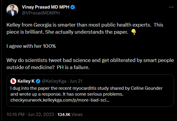 Kelley from Georgia is smarter than most public health experts.  This piece is brilliant. She actually understands the paper.  👇  I agree with her 100%  Why do scientists tweet bad science and get obliterated by smart people outside of medicine?  PH is a failure.