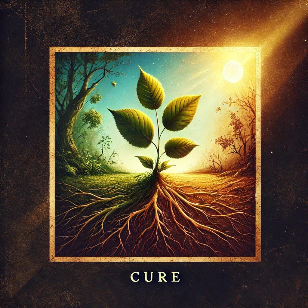 Create a square image focusing on the concept of 'Cure.' The image should evoke a sense of healing, transformation, and renewal. Consider using imagery such as a vibrant, healthy plant growing out of barren soil, or a bright light piercing through darkness, symbolizing the breakthrough of a true cure. The colors should be rich and warm, with greens and golds to signify life and vitality, contrasting against darker shades to represent the challenges being overcome. No text should be included in the image.