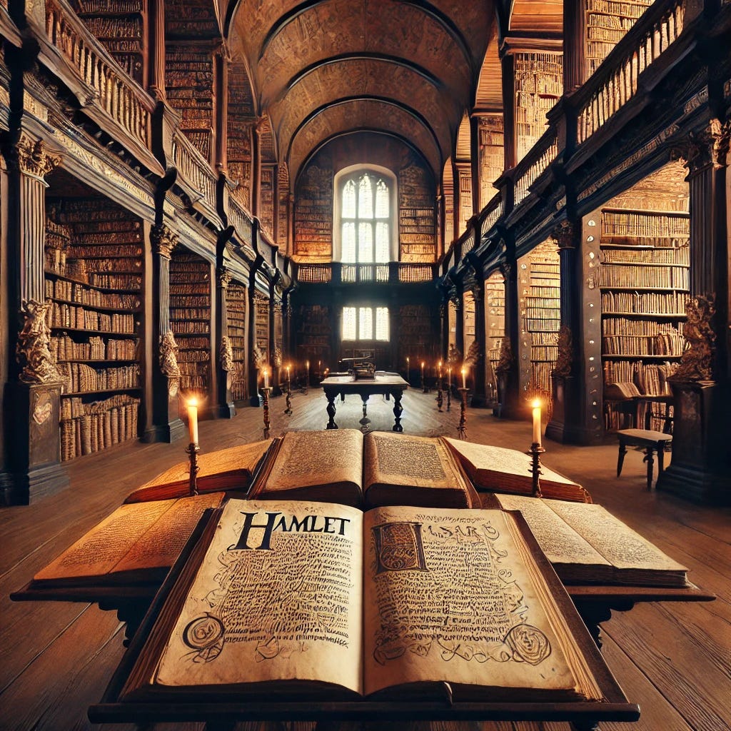 A grand 16th-century library with towering shelves filled with ancient manuscripts. On a beautifully carved wooden table in the center, there are several open handwritten manuscripts, each clearly labeled with the titles 'Hamlet,' 'Julius Caesar,' and 'Romeo and Juliet' in elegant script on the aged parchment pages. The manuscripts feature ornate calligraphy and visible annotations in the margins. Flickering candlelight casts a warm glow over the scene, highlighting the historic wooden floor and shelves. The atmosphere is steeped in history, knowledge, and reverence for Shakespeare's works.