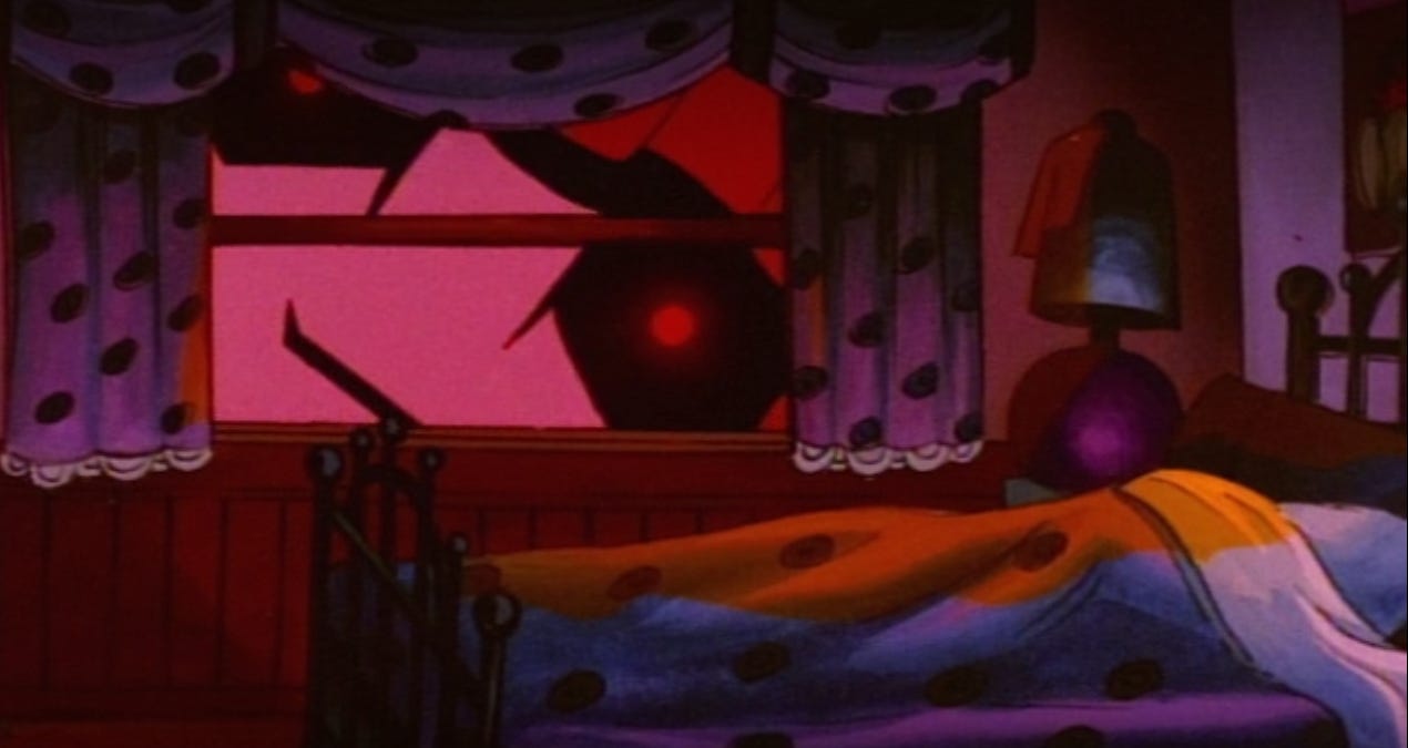 A Sentinel spies into Jubilee’s bedroom, its massive face filling the second story window.