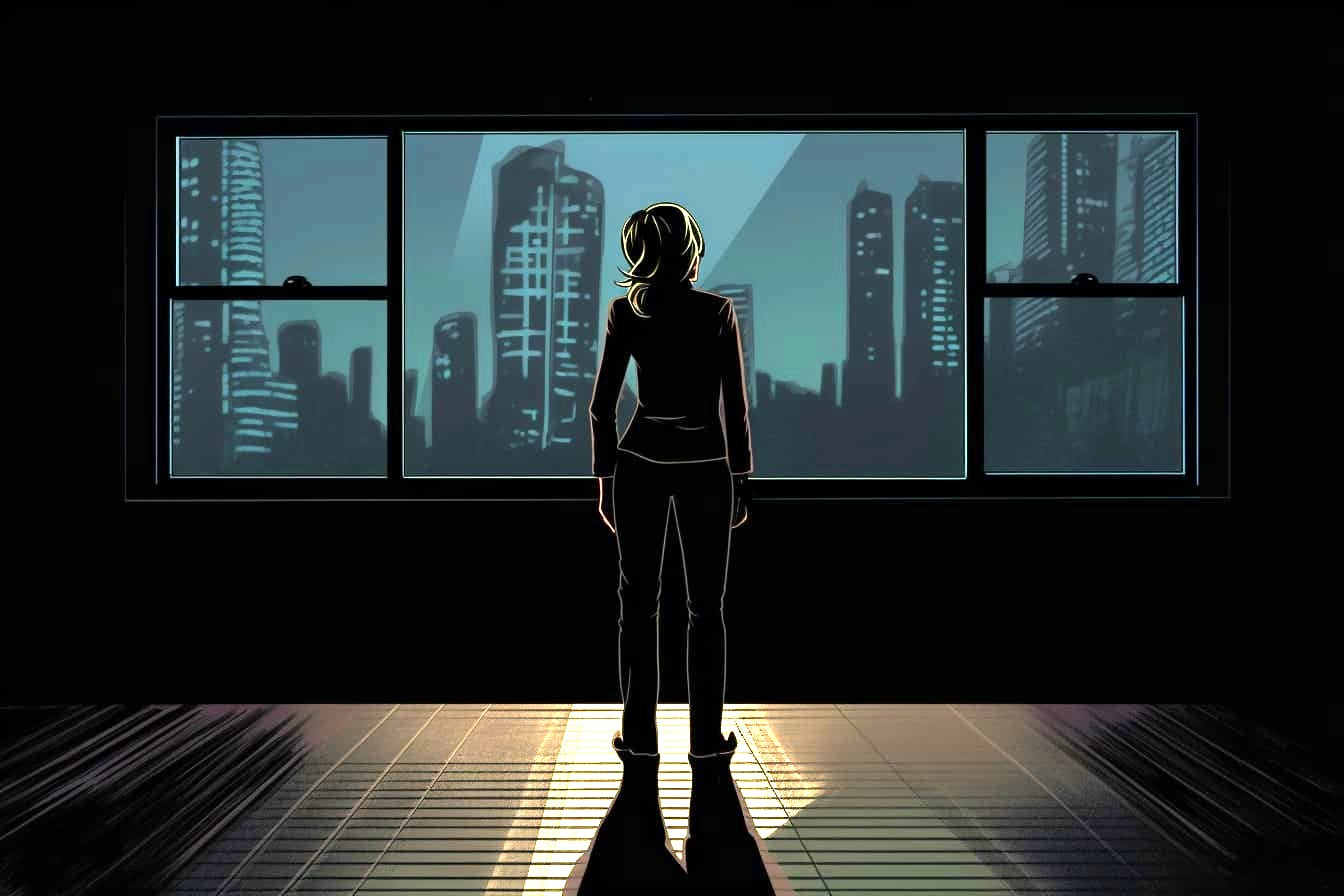 graphic novel illustration of a woman standing in front of a window with a cityscape in the background
