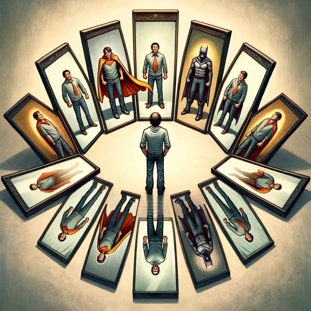 A thought-provoking illustration that captures the essence of subjective perception and judgment. The image features a central figure surrounded by mirrors, each reflecting a different image of the person. Some mirrors reflect a positive, heroic image, while others show a negative, villainous portrayal, symbolizing the diverse ways in which the same individual can be viewed by different people. This visual metaphor powerfully conveys the concept that regardless of one's actions or intentions, perceptions can vary widely. The background is neutral, focusing the viewer's attention on the contrasting reflections and the central figure's contemplative expression, highlighting the complexity of navigating social perceptions and the importance of self-awareness and resilience.